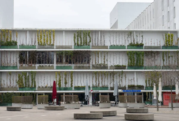 Basel, Switzerland - March 21st 2021: Green facade of Stuecki centre
