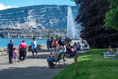 Cenevre, İsviçre - 20 Haziran 2020: Göl ve ufuk çizgisi ile canlı gezinti