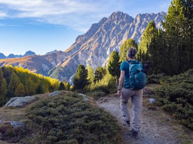 Grisons-İsviçre 'de sonbahar atmosferi. Mavi gökyüzünün altında ormanlar ve tepelerle dağlık arazide yürüyen bir kadın yürüyüşçü. S-Charl, Scuol bölgesine yakın bir durum.