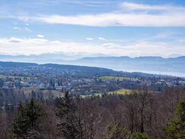 İsviçre 'nin Zürih kenti yakınlarındaki Pfannenstil' deki manzara kulesinden güzel bir manzara: Köyler, Zürih Gölü, tepe ve Alpler.