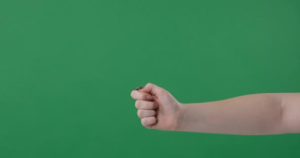 Hand gester mynt flip på grön skärm — Stockvideo