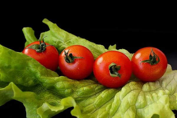 Ensalada y tomates sobre fondo negro —  Fotos de Stock