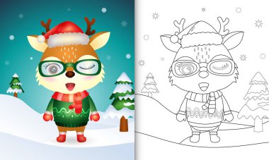 Noel Baba şapkası, ceketi ve atkısı olan sevimli bir geyik Noel karakterleri koleksiyonuna sahip boyama kitabı.