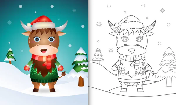 Coloring Book Cute Buffalo Christmas Characters Santa Hat Jacket Scarf Royalty Free Stock Vectors