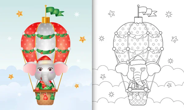 Målarbok Med Söt Elefant Jul Tecken Varmluft Ballong Med Santa — Stock vektor