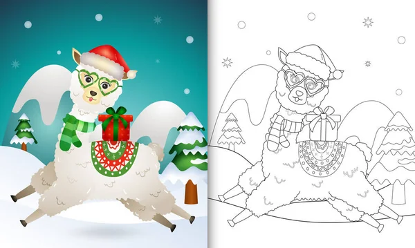 Livre Colorier Avec Personnage Noël Alpaga Mignon Avec Chapeau Père — Image vectorielle