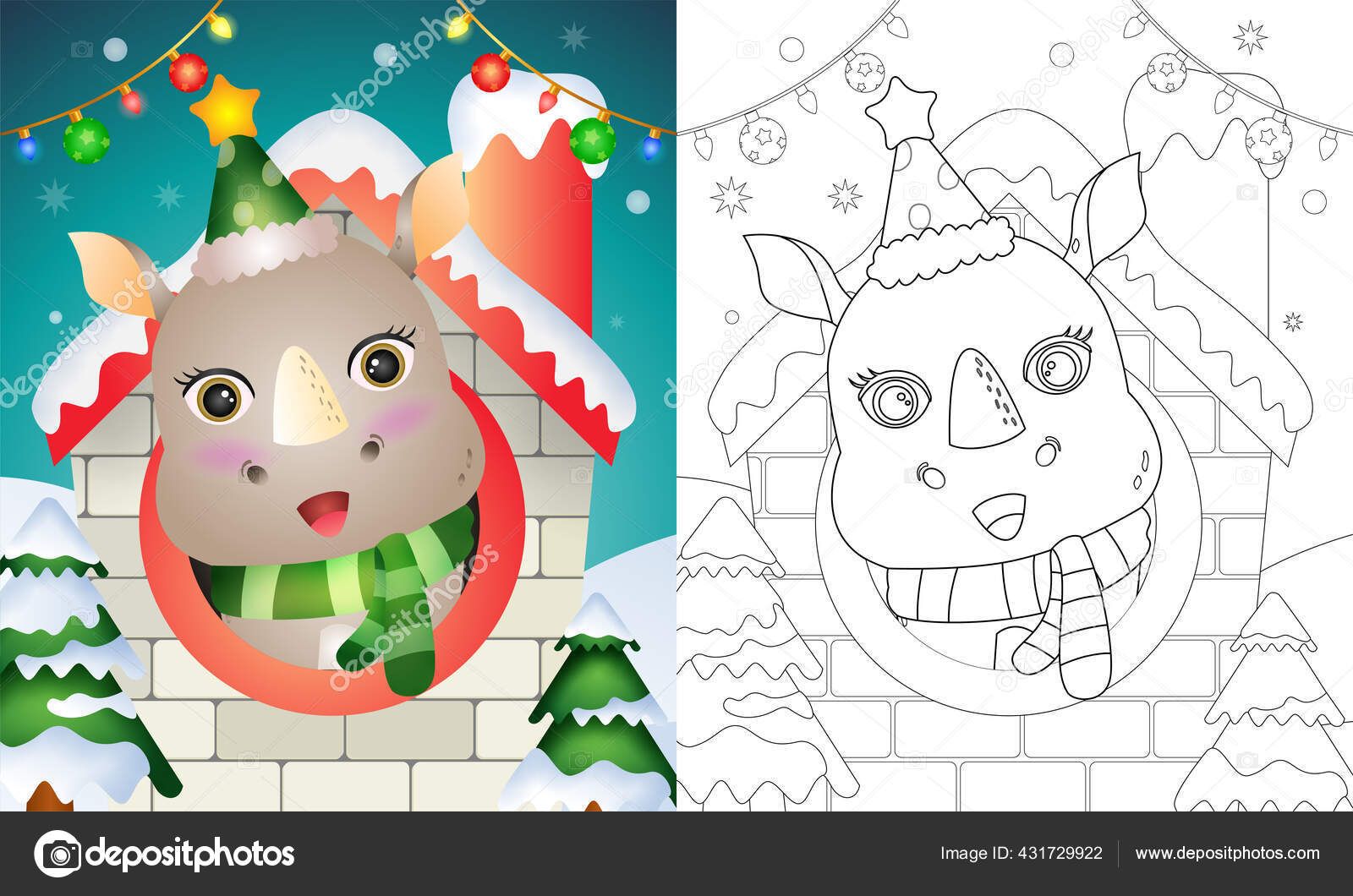 Coloring Book Cute Rhino Christmas Characters Using Hat Scarf House Stock Vector Image by ©riko ...