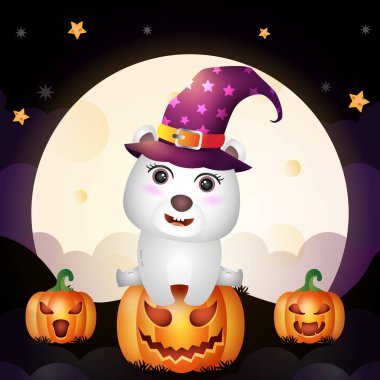 Tatlı bir cadılar bayramı cadı kutup ayısının canlandırması Ay 'ın önünde balkabağının üzerinde duruyor