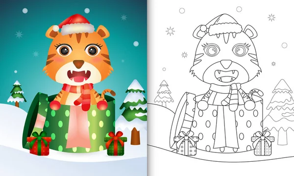 Coloring Book Cute Tiger Christmas Characters Using Santa Hat Scarf Vector Graphics