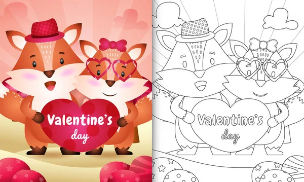 Coloring Book Kids Cute Valentine Day Fox Couple Illustrated — Stock Vector