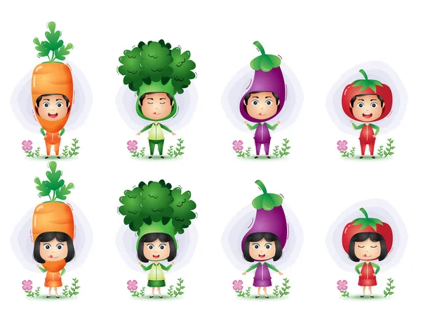 一个孩子用蔬菜服装的角色 花椰菜 胡萝卜和西红柿 — 图库矢量图片