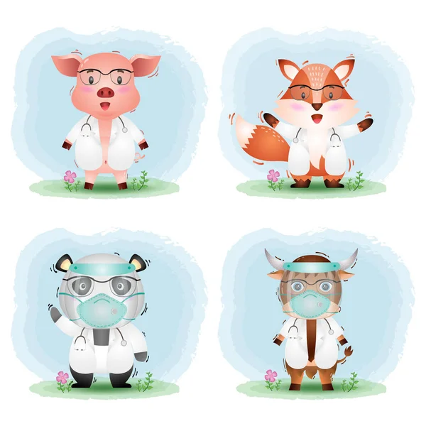 Animal Mignon Avec Collection Costumes Médecin Porc Renard Panda Yak — Image vectorielle
