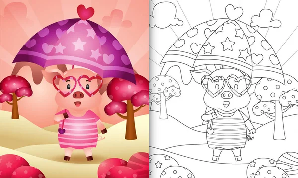 Livro Colorir Para Crianças Com Porco Bonito Segurando Guarda Chuva —  Vetores de Stock