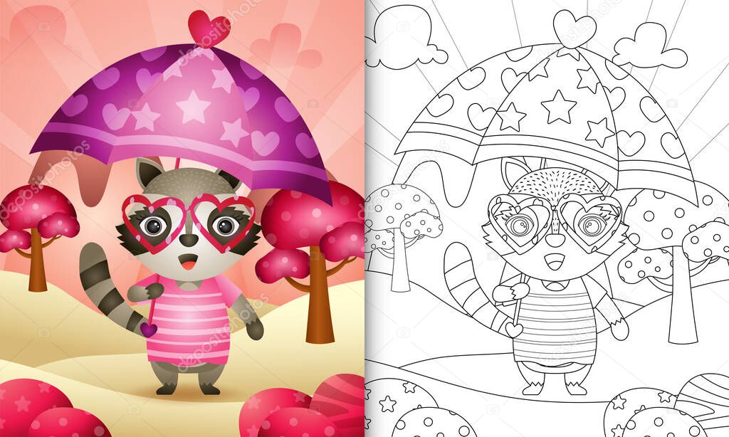coloring book for kids with a cute raccoon holding umbrella themed valentine day