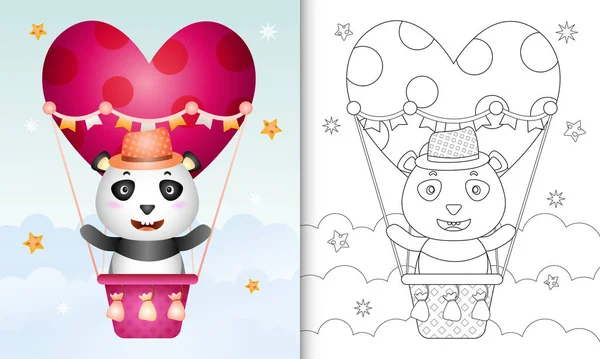Sıcak hava balonunda sevimli bir panda erkeğiyle çocuklar için boyama kitabı Sevgililer Günü temalı