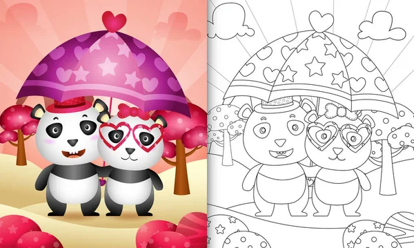 Livro Colorir Para Crianças Com Casal Panda Bonito Segurando Guarda — Vetor de Stock