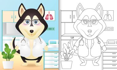 Şirin köpek doktoru karakteri çizimi olan çocuklar için boyama kitabı.