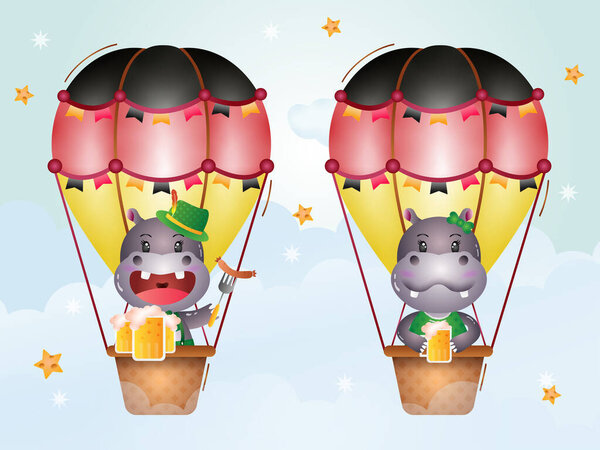 Cute hippo on hot air balloon with traditional oktoberfest dress