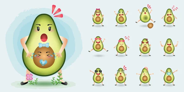 Cute Mascot Avocado Character Set Collection Stock Vector
