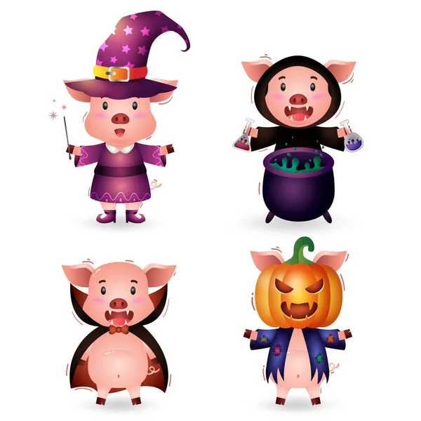 Lindo Cerdo Con Traje Halloween Carácter Colección — Archivo Imágenes Vectoriales