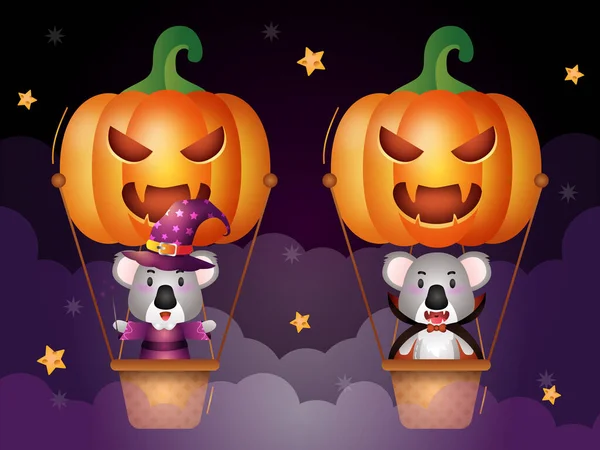 Mignon Koala Avec Costume Halloween Sur Ballon Air Citrouille — Image vectorielle