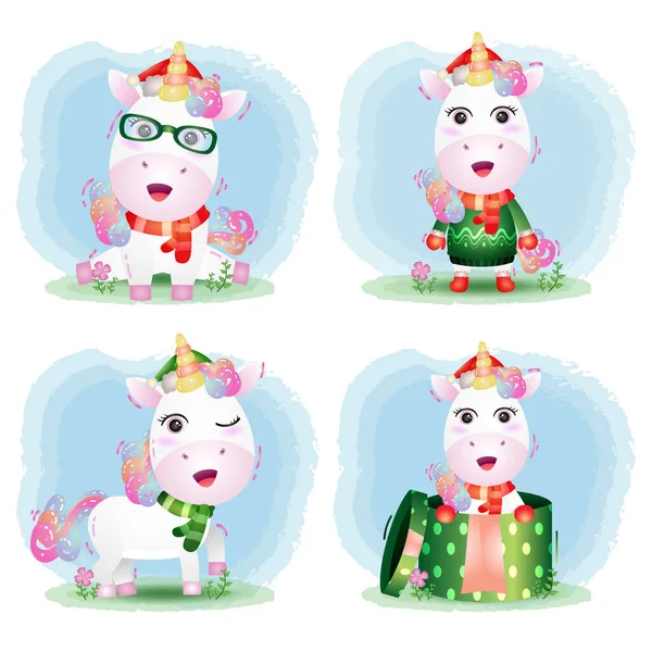 Colección Personajes Navidad Unicornio Lindo Con Sombrero Chaqueta Bufanda Caja — Archivo Imágenes Vectoriales