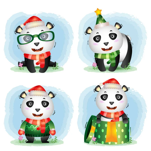 Simpatica Collezione Personaggi Natalizi Panda Con Cappello Giacca Sciarpa Confezione — Vettoriale Stock