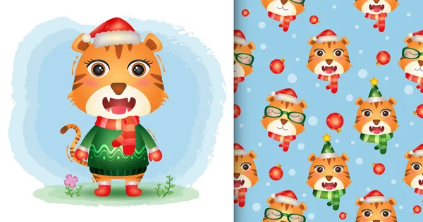 Uma Coleção Personagens Natal Bonito Tigre Com Chapéu Casaco Cachecol —  Vetores de Stock