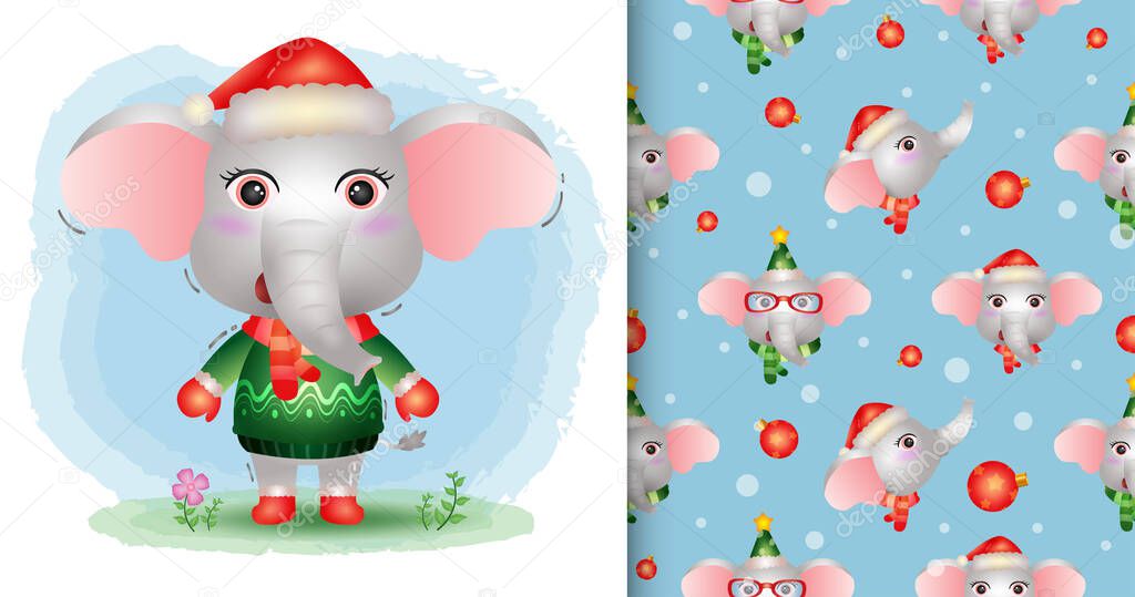 a cute elephant christmas characters collection with a hat, jacket and scarf. seamless pattern and illustration designs