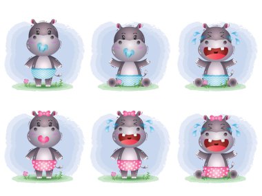 Çocuk tarzında şirin bir hipopotam koleksiyonu.