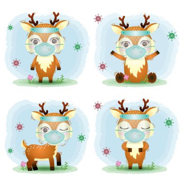 Güzel geyik yüz kalkanı ve maske koleksiyonu kullanıyor.