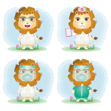 Tıbbi ekip doktoru ve hemşire kostüm koleksiyonu olan sevimli bir aslan.