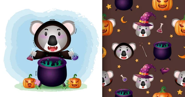 Een Schattige Koala Met Heks Kostuum Halloween Karakter Collectie Naadloos — Stockvector