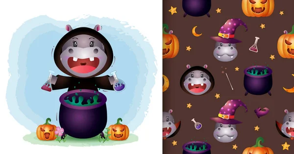 a cute hippo with witch costume halloween character collection. seamless pattern and illustration designs