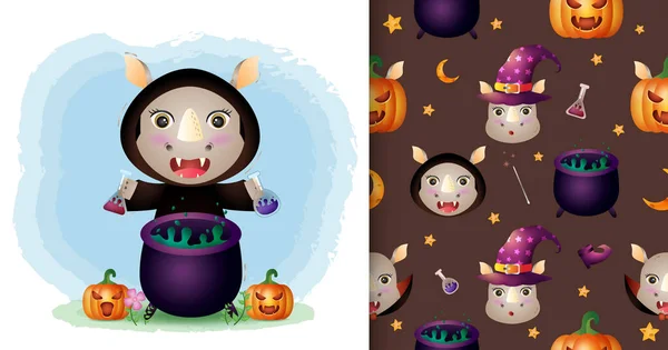 a cute rhino with witch costume halloween character collection. seamless pattern and illustration designs
