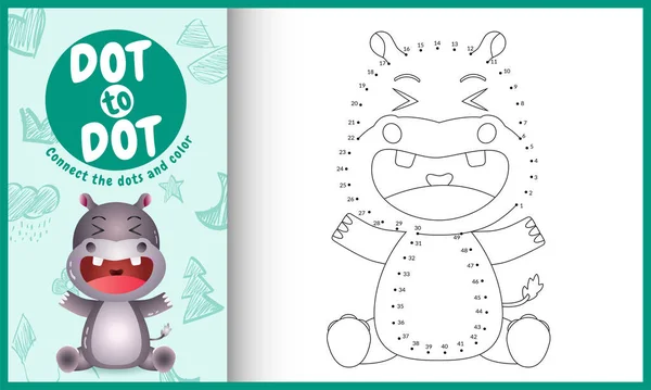 Noktalar çocuk oyunu ve boyama sayfasını sevimli bir hipopotam karakter çizimi ile birleştir