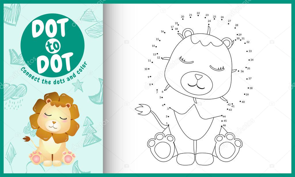 Connect the dots kids game and coloring page with a cute lion character illustration