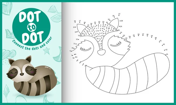 Noktalar çocuk oyunu ve boyama sayfasını sevimli bir rakun karakter çizimi ile birleştir