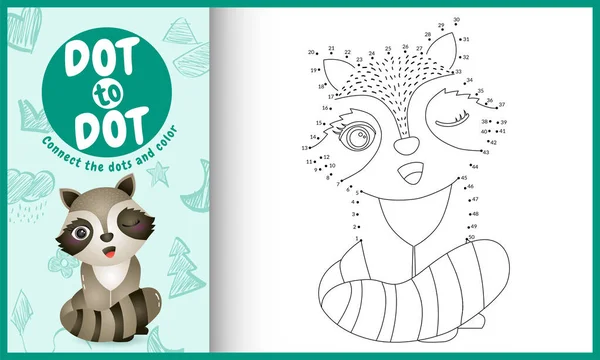 Noktalar çocuk oyunu ve boyama sayfasını sevimli bir rakun karakter çizimi ile birleştir