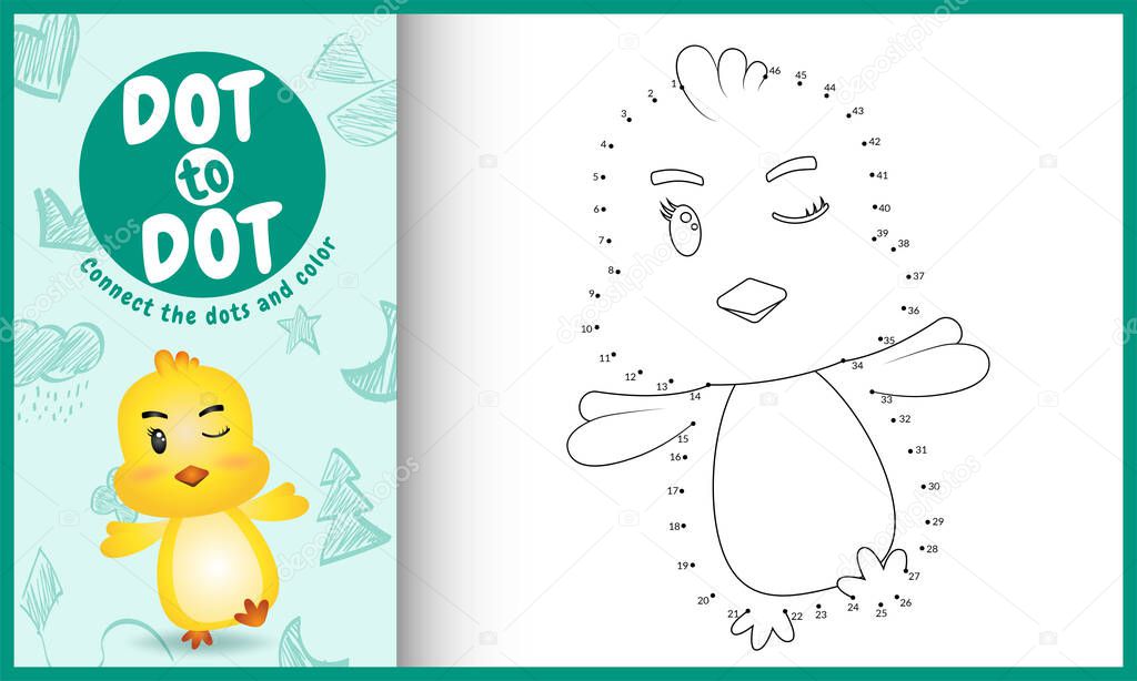 Connect the dots kids game and coloring page with a cute chick character illustration