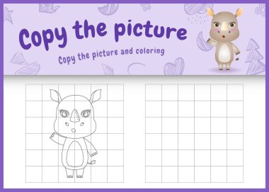 resim çocuk oyunu ve boyama sayfasını şirin bir gergedan karakter çizimi ile kopyala