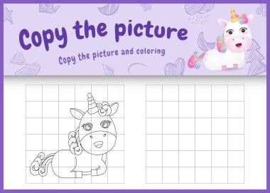 resim çocuk oyunu ve boyama sayfasını şirin bir tek boynuzlu at karakteri çizimi ile kopyala