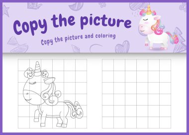 resim çocuk oyunu ve boyama sayfasını şirin bir tek boynuzlu at karakteri çizimi ile kopyala