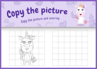 resim çocuk oyunu ve boyama sayfasını şirin bir tek boynuzlu at karakteri çizimi ile kopyala