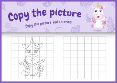 resim çocuk oyunu ve boyama sayfasını şirin bir tek boynuzlu at karakteri çizimi ile kopyala