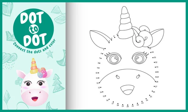 Connect Dots Kids Game Coloring Page Cute Face Unicorn Character — Stock Vector