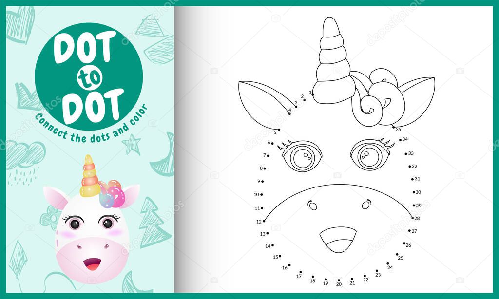 Connect the dots kids game and coloring page with a cute face unicorn character illustration