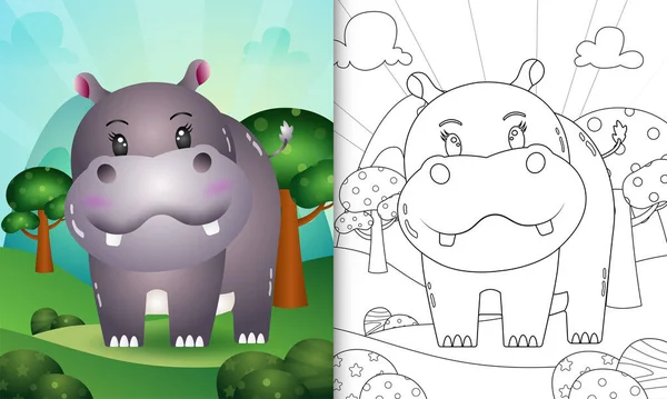 Kolorowanka Dla Dzieci Cute Postać Hipopotama Ilustracja — Wektor stockowy