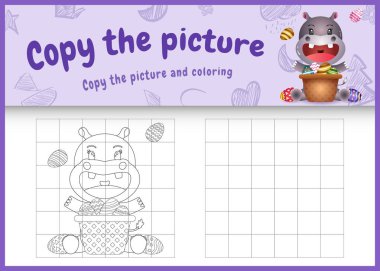 Resim oyunu ve boyama sayfası temalı şirin bir su aygırı ve kova yumurtasıyla.