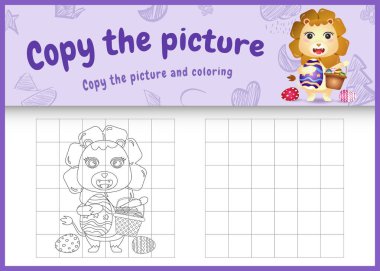 Paskalya temalı resim çocuk oyunu ve boyama sayfasının fotokopisini çek. Kova yumurtası ve paskalya yumurtası tutan sevimli bir aslan olsun.